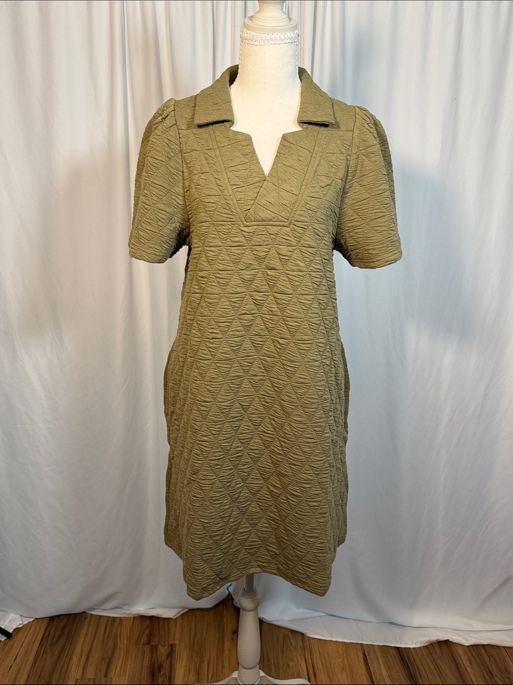 Textured Olive Green Polo Midi Dress